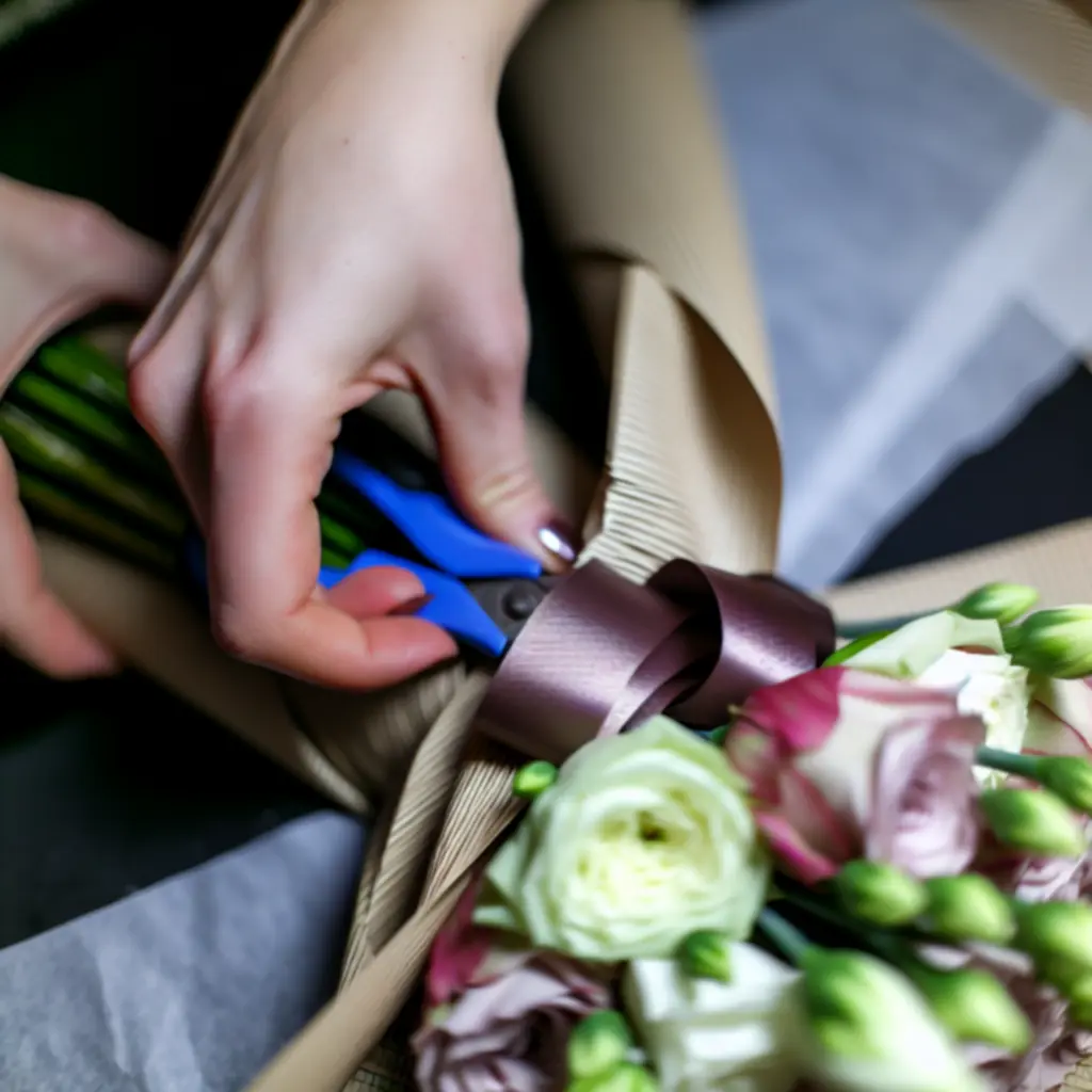 Virágcsokor közelről, prémium csomagolással és részletes kötészeti megoldásokkal