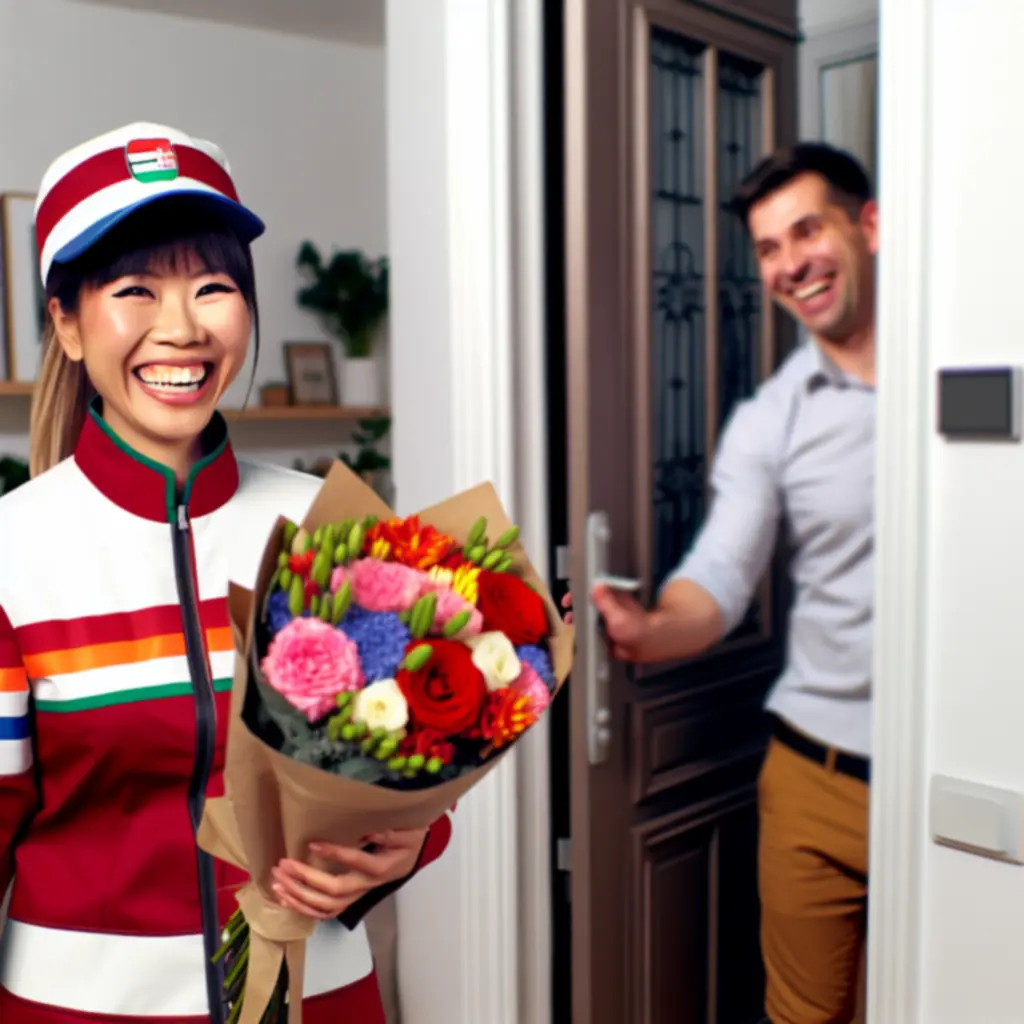 Futár virágcsokrot szállít egy magyar otthon bejáratához