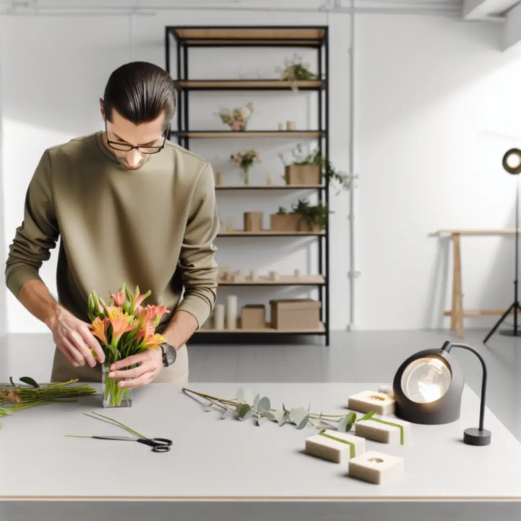 Florista modern, letisztult stúdióban virágkompozíciót készít
