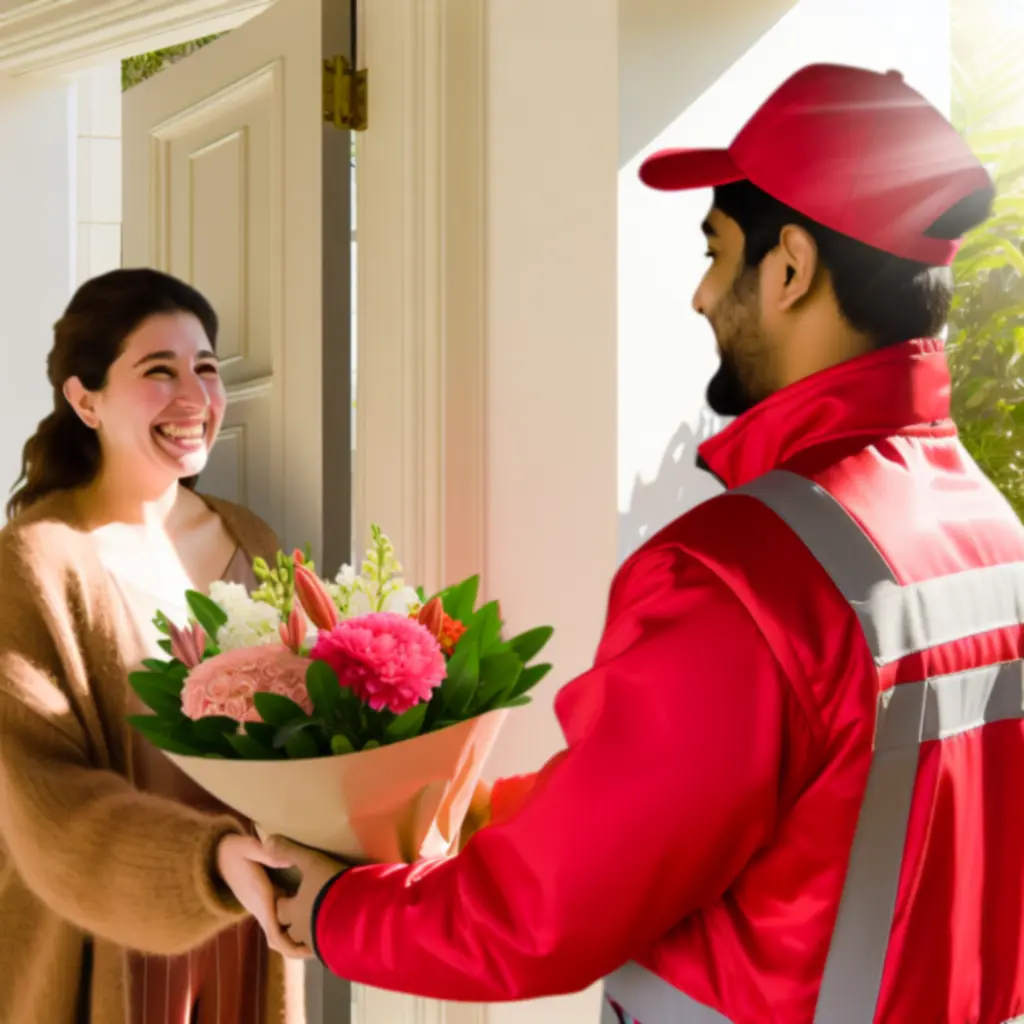 Virágcsokor kiszállítása egy bejárati ajtó elé