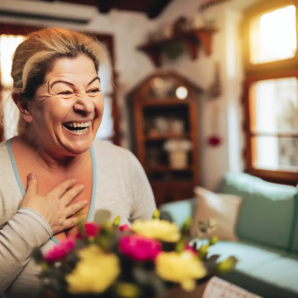 Mosolygó vásárló virágcsokorral a kezében