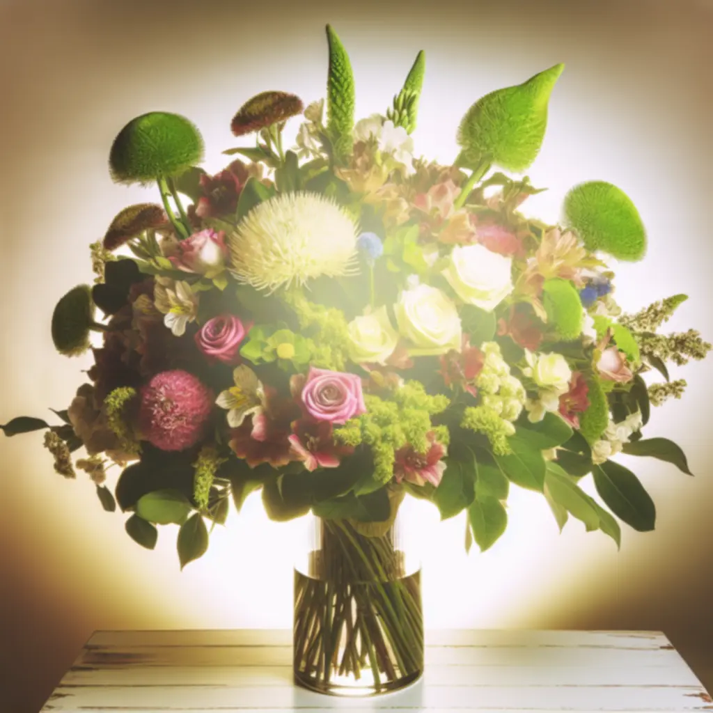 Nagy felbontású fotó egy finoman összeállított virágcsokorról.